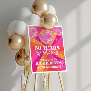 Placa de boas-vindas de discoteca de 50 anos de discoteca, decoração de placa de festa de discoteca de 50 anos de aniversário, placa de boas-vindas dos anos 70 e placa de discoteca para 50 anos, SARA