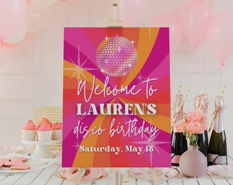 Disco Birthday Party Welcome Sign Template for Retro & Groovy 70s Bday for Girls, Kids or Adults, Hippie Flower Power Peace Out Decor, SARA