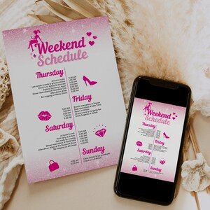 Hot Pink Glitter Bachelorette Party Invitation Canva Template, Let&#39;s Go Party, Malibu Girly Doll Theme, Weekend Itinerary Invite Evite BRITT