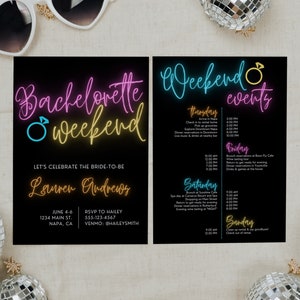 Invitación a la despedida de soltera de neón con plantilla de itinerario para Las Vegas, Miami, Nueva Orleans, Rainbow Glow Bach o Hen Party Invite,ZOE