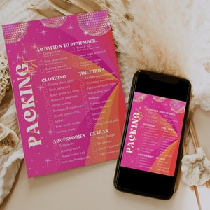 Può includere: Un elenco di controllo rosa e arancione con un tema a palla da discoteca. L'elenco di controllo è intitolato "Packing" e include categorie per attività da ricordare, abbigliamento, articoli da toeletta, accessori ed extra. L'elenco di controllo è su una superficie bianca con un telefono che mostra un elenco di controllo simile.