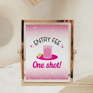 Hot Pink Glitter Bachelorette Party Decorations, Entry Fee One Shot, Let's Go Bach Party Cocktail Decor Signs, Sparkly Malibu Doll, BRITT