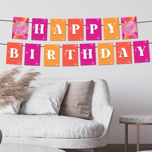 Disco Happy Birthday Party Printable Banner Decorations for Retro & Groovy 70s Bday for Kids or Adults, Hippie Flower Peace Out Decor, SARA