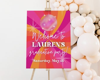 Disco Graduation Party Welcome Sign Template for Retro & Groovy 70s Decorations, University, College or High School Hippie Theme Sign, SARA