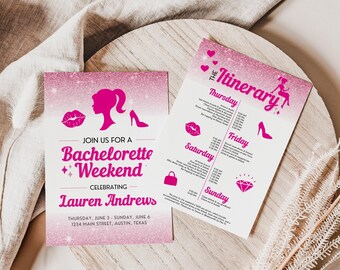 Hot Pink Glitter Bachelorette Party Invitation Canva Template, Let's Go Party, Malibu Girly Doll Theme, Weekend Itinerary Invite Evite BRITT