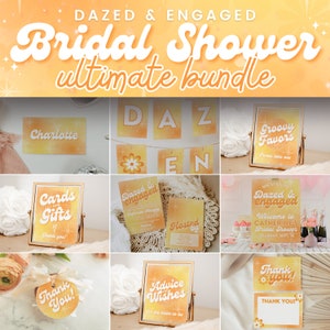 Dazed and Engaged Bridal Shower Bundle of Editable Templates for Retro & Groovy 70s Couples or Wedding Shower, Orange Yellow Tie-Dye, SOPHIE