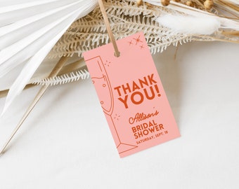 Bridal Brunch Thank You Tag Template for Bubbly Wedding Shower, Retro Pink Feminine Theme Favor Gift Tag for Champagne Couple Shower, CORA