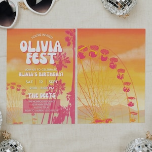 Musik-Festival-Mädchen-Geburtstags-Party Einladungs-Schablone für Wüsten-Musik-Fest-Bday-Party für Kinder oder Erwachsene, Retro Groovy Boho einladen, SADIE