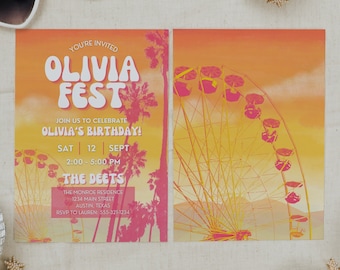 Modello di invito alla festa di compleanno per ragazze del festival musicale per la festa di compleanno del Desert Music Fest per bambini o adulti, invito Boho retrò groovy, SADIE