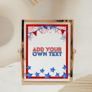 Decorações de sinalização editáveis e personalizáveis da festa de 4 de julho para despedida de solteira patriótica ou aniversário temático dos EUA em Washington DC, KATY