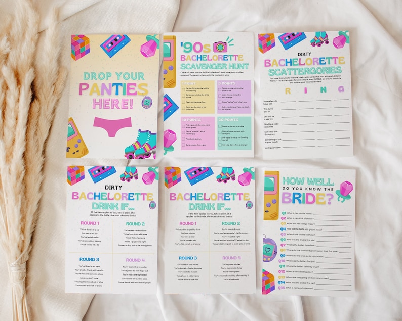 May include: A set of printable bachelorette party games with a 90s theme. The games include "Drop Your Panties Here!" "90s Bachelorette Scavenger Hunt", "Dirty Bachelorette Scattergories", "Dirty Bachelorette Drink If...", "How Well Do You Know The Bride?"