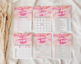 May include: A set of printable bridal shower games with a disco ball theme. The games include word scramble, bingo, he said she said, scattergories, and advice for the bride. The games are printed on pink and orange paper with a pink disco ball graphic.