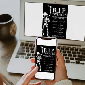 May include: A black and white invitation with a skeleton holding a bottle of alcohol. The invitation reads "R.I.P. Twenties Join us as we mourn the passing of Lauren's Youth Sat 24 Oct"