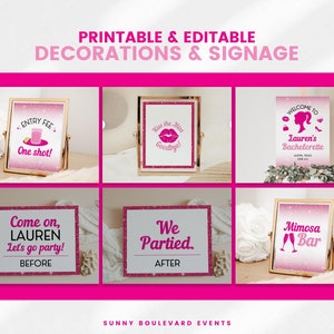 May include: Printable bachelorette party signs with pink glitter backgrounds and gold frames. The signs include text such as "Entry Fee - One Shot!" and "Kiss the Bride Goodbye!"