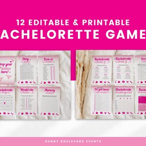 May include: Twelve printable bachelorette party game cards with pink glitter accents. The games include "Drop Your Panties Here!", "Dirty Minds", "Porn or Polish", "Bachelorette Bingo", "Would She Rather", "Memory Game", "Bachelorette Drink If", "Groom Quiz", "Do You Know The Bride", "Bachelorette Scattergories", and "Bachelorette Scavenger Hunt".