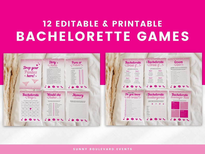 May include: Twelve printable bachelorette party game cards with pink glitter accents. The games include "Drop Your Panties Here!", "Dirty Minds", "Porn or Polish", "Bachelorette Bingo", "Would She Rather", "Memory Game", "Bachelorette Drink If", "Groom Quiz", "Do You Know The Bride", "Bachelorette Scattergories", and "Bachelorette Scavenger Hunt".