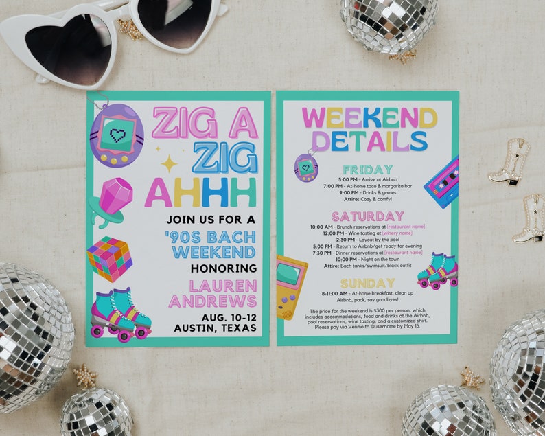 Colorful Bach to the 90s Bachelorette Invitation with Itinerary Template for Throwback 1990s Bach or Hen Party Invite Weekend Agenda, SPICE image 5