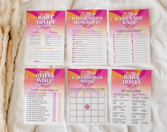 May include: Set of six baby shower game cards with a retro disco theme. The cards feature pink, orange, and white colors with text like "Baby Advice & Predictions" and "Baby Trivia".