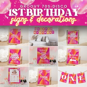 Disco 1st Birthday Party Sign Bundle with Printable Decorations for Retro & Groovy 70s First Year Bday, Hippie Baby Girl Party Decor, SARA