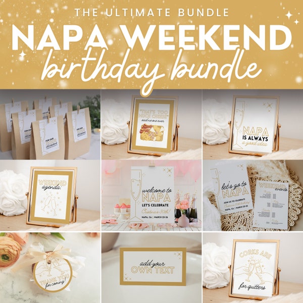 Napa Valley Birthday Weekend Bundle of Editable Templates for Champagne 30th Bday, Minimalist Gold & Black Classy Wine Theme Decor, KYLIE