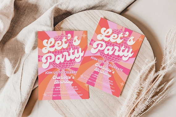 Pink Orange Disco Birthday Invite Girl, Retro Birthday Disco Invitation for 70s Party, Funky & Groovy 70s Disco Bday Party Invitation, ANNA