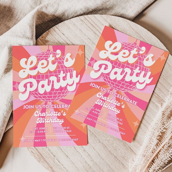 Pink Orange Disco Birthday Invite Girl, Retro Birthday Disco Invitation for 70s Party, Funky & Groovy 70s Disco Bday Party Invitation, ANNA