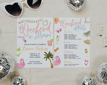Bunte Miami Beach Bachelorette Einladung mit Reiseplan Vorlage für Last Splash oder Nautische Bach Party, South Beach Wochenende, KELLY