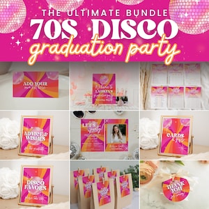 Paquete de fiesta de graduación disco de plantillas editables para fiesta de graduación retro y maravillosa de los años 70 para tema universitario, universitario o de secundaria, SARA
