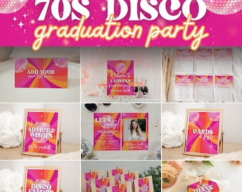 Disco Graduation Party Bundle of Editable Templates for Retro and Groovy 70s Grad Party for University, College or High School Theme, SARA