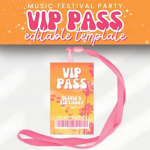 Music Festival Girls Birthday Party VIP Pass Template für Lanyard beim Desert Music Fest Bday, Retro & Groovy Boho Backstage Pass, SADI