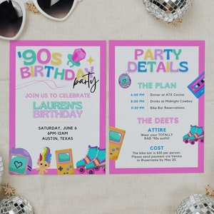 Pu&ograve; includere: Un invito rosa e giallo per una festa di compleanno a tema anni '90. L'invito presenta un'immagine di un pupazzo troll, un Game Boy e dei pattini a rotelle. Il testo sull'invito recita "90s Birthday Party" e "Join us to celebrate Lauren's Birthday". L'invito include anche la data, l'ora e il luogo della festa.