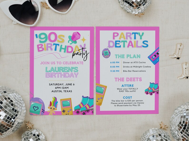Pu&ograve; includere: Un invito rosa e giallo per una festa di compleanno a tema anni '90. L'invito presenta un'immagine di un pupazzo troll, un Game Boy e dei pattini a rotelle. Il testo sull'invito recita "90s Birthday Party" e "Join us to celebrate Lauren's Birthday". L'invito include anche la data, l'ora e il luogo della festa.