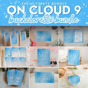 The Bride is on Cloud Nine Bachelorette Party Bundle of Editable Templates, Decorations, & Printable Games, Dreamy Cloud 9 Hen Party, KATE
