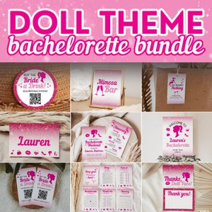 May include: A pink and white bachelorette party printable bundle with a doll theme. The bundle includes a welcome sign, a mimosa bar sign, a bride-to-be drink ticket, a bachelorette itinerary, a game, and a thank you card.