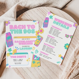 Invito retrò Bach agli anni &#39;90 per addio al nubilato con modello di itinerario per invito all&#39;addio al nubilato a tema arcobaleno nostalgico degli anni &#39;90 BELLA