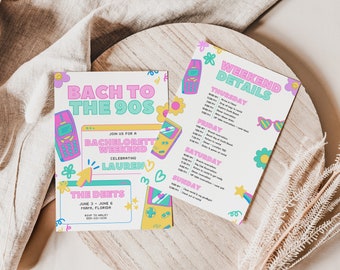 Retro Bach to the 90s Bachelorette Party Invitation with Itinerary Template for Rainbow Nostalgic Throwback 90s Theme Hen Party Invite BELLA