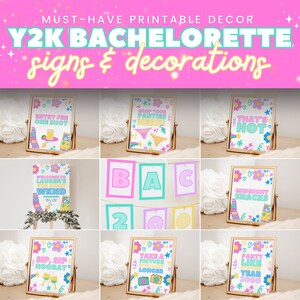 Peut inclure: Un ensemble d'affiches de fête de bachelorette imprimables Y2K avec un schéma de couleurs rose et blanc. Les affiches présentent des phrases comme "Drop Your Panties Here!" et "Party Like It's The Year 2000".