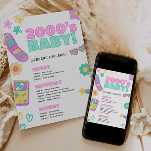 Può includere: Un itinerario di fine settimana stampabile con un tema degli anni 2000. L'itinerario include un elenco di attività per venerdì, sabato e domenica. Il design presenta uno schema di colori rosa e verde con illustrazioni di un telefono cellulare, una console di gioco e cuori.