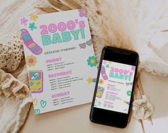 Y2K 独身パーティーの日程 Canva テンプレート、2000 年代のミレニアム テーマ、懐かしいレトロなスローバック招待状、虹色に輝くバチェロレッテ パーティー、BELLA