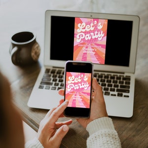 Girly pink disco invite featuring a dazzling pink disco ball for a retro disco party, ideal for groovy birthday celebrations.
