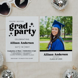 Retro Graduation Party Invite Black White Graduation Announcement Modern Grad Party, Simple Graduation Party Invitation Template Minimal AMY