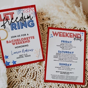 Fourth of July Bachelorette Party Invitation Template for Washington DC, 4th of July, Red, White, Blue USA Summer Patriotic Itinerary, KATY