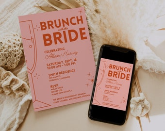 Bridal Brunch Invitation Template for Bubbly Wedding Shower, Retro Pink or Feminine Theme Digital Invite for Champagne Couple Shower, CORA