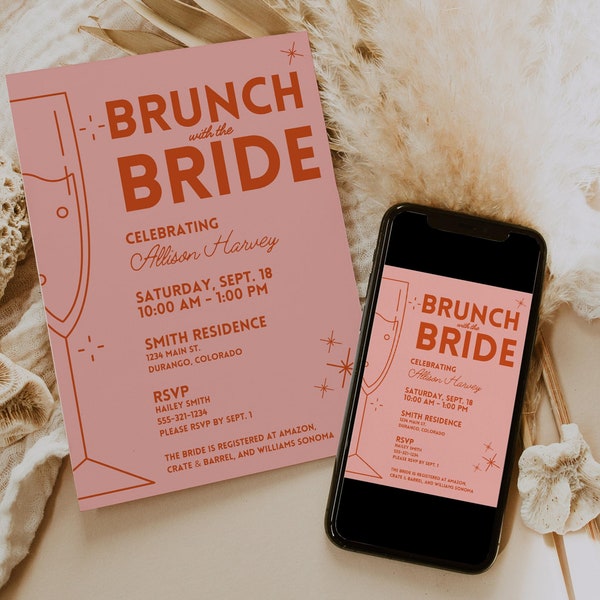 Bridal Brunch Invitation Template for Bubbly Wedding Shower, Retro Pink or Feminine Theme Digital Invite for Champagne Couple Shower, CORA