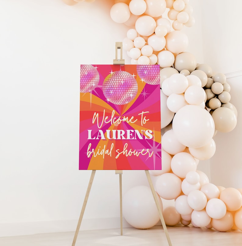 pink and orange disco welcome sign template for disco bridal shower