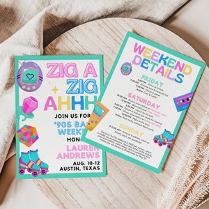 Colorful Bach to the 90s Bachelorette Invitation with Itinerary Template for Throwback 1990s Bach or Hen Party Invite Weekend Agenda, SPICE