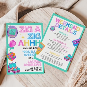 Bunte Bach in die 90er Jahre Bachelorette Einladung mit Reiseverlauf Vorlage für Throwback 1990s Bach oder Hen Party Invite Weekend Agenda, SPICE