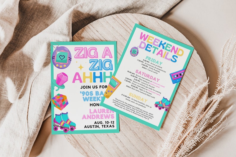 Colorful Bach to the 90s Bachelorette Invitation with Itinerary Template for Throwback 1990s Bach or Hen Party Invite Weekend Agenda, SPICE image 1