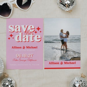 Retro Save the Date Hochzeit Retro Save the Date Karten mit Foto, bunt Rosa und Rot Retro Save Date für Groovy Themed Hochzeit, ABBY