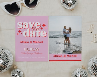 Retro Save the Date Wedding Retro Save the Date Cards with Photo, Colorful Pink and Red Retro Save Date for Groovy 70s Themed Wedding, ABBY